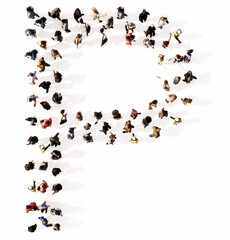 Concept or conceptual large community of people forming the font P. 3d illustration metaphor for unity and diversity, humanitarian, teamwork, cooperation, education, friendship and community