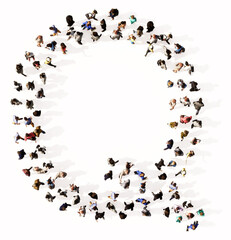 Concept or conceptual large community of people forming the font Q. 3d illustration metaphor for unity and diversity, humanitarian, teamwork, cooperation, education, friendship and community