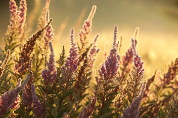 Sunrise over the meadow on a foggy weather