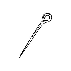 Sewing pin line art. Fabric fastening. Tool of a tailor, dressmaker. Hand embroidery. Hand drawn vector illustration.