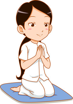 Cartoon girl meditating, practices dharma.