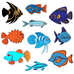  set marine tropical fish , aquarium fish blue background, ocean depth, diving vacation, beach vacation