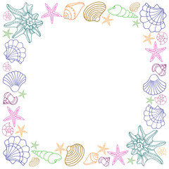 Fototapeta na wymiar square white postcard colored seashells, contour lines, instagram background, sea summer vacation