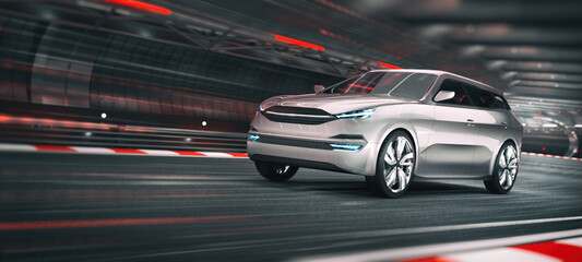 Obraz premium Front side of silver shining SUV car which it rides in highway tunnel. Digital 3d illustration city transportation. Used own designed generic non existing car.