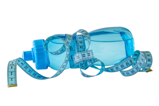 Sport plastic water bottle wrapped in a blue tailoring meter