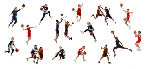  Collage. Dynamic portrait of adults and children, basketball players in motion, training isolated over white studio background. © Lustre