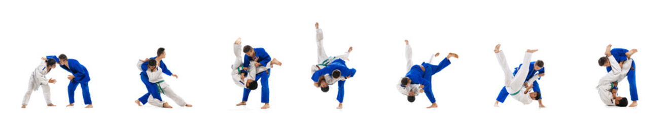 Collage. Portrait of professional martial arts athletes training isolated over blue studio...