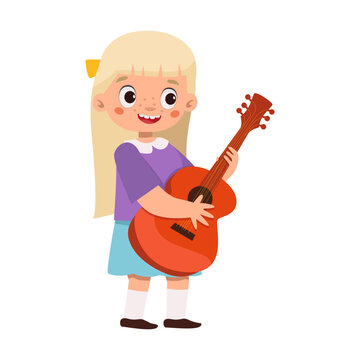 Character girl with a guitar in her hands. Vector graphic.