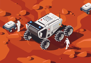 Vector illustration of a futuristic passenger rover with people and drones on wheels in the style of isometry on the Martian surface, a research mission on Mars