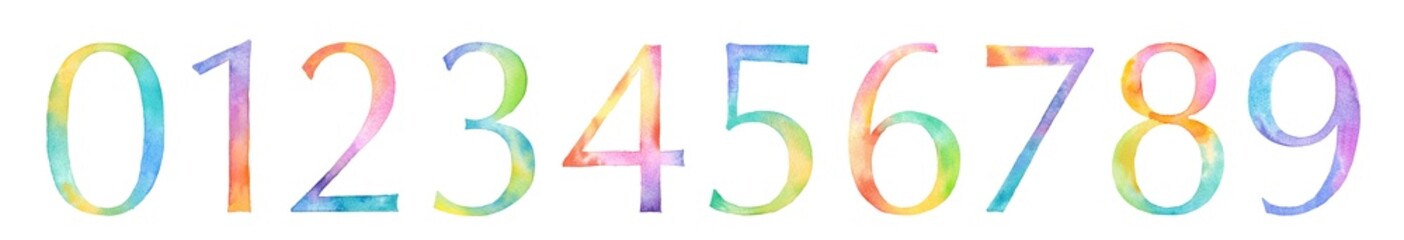 レインボーカラーの数字の水彩イラスト。（透過背景）
