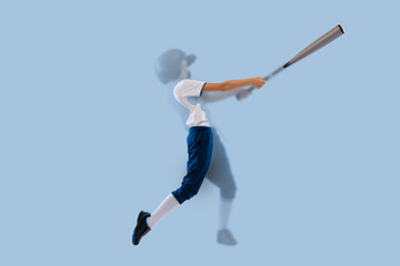 Blurring effect portrait of little baseball player, pitcher in blue-white uniform training isolated on blue background. Concept of sport, achievements, studying