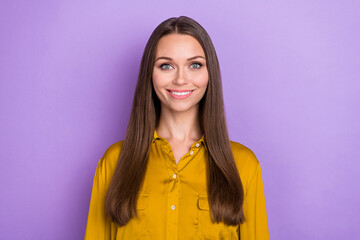 Photo of nice brown hair lady wear yellow shirt isolated on violet color background