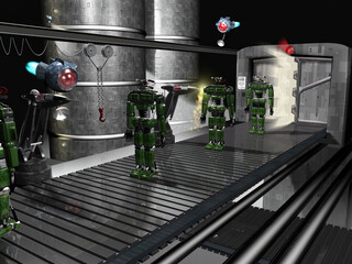 3d render of conveyor production of robots