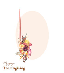 Oval frame decorated by watercolor autumn flower bouquet and stylish candle