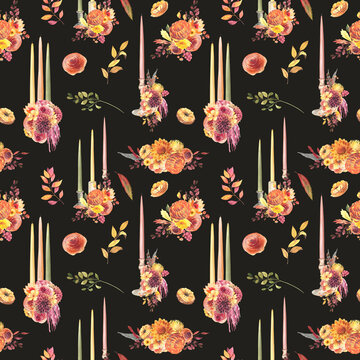Seamless patterns of watercolor candles, autumn flowers and plants, Thanksgiving print, illustration on dark background