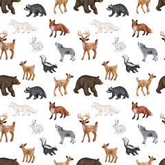 Seamless pattern of winter woodland animals, forest cute characters print, illustration on white background