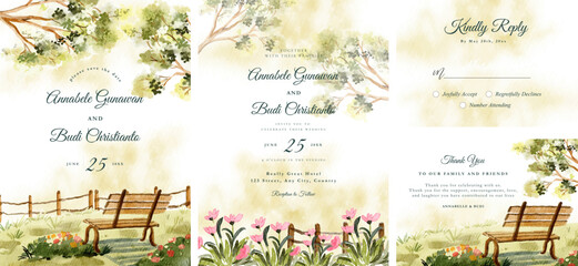 Wedding invitation set with watercolor garden bench and floral