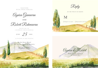 Wedding Invitation set with watercolor tuscany hills of italy