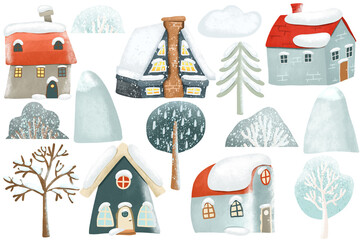Set of cute cartoon snowy winter houses, trees, clouds, mountains, Christmas clipart, isolated illustration on a white background - 524285169