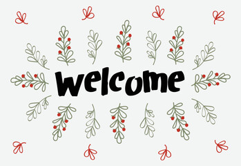 Welcome background with line art green leaves and cute typography font vector design template