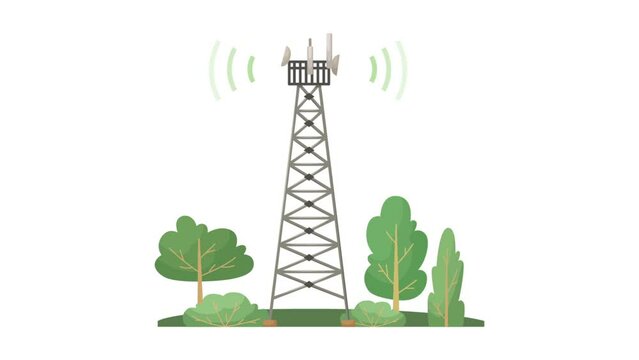 Vector animation of a cellular communication tower standing in a forest. 5G, 4g signal distribution. The Internet. Modern technologies