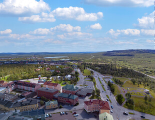 Aerial view of the Swedish mining city Kiruna in northern Scandinavia within the arctic circle weeks before the relocation of the city's downtown area. - 524287167
