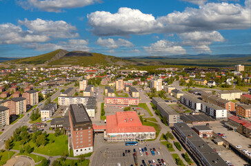 Aerial view of the Swedish mining city Kiruna in northern Scandinavia within the arctic circle weeks before the relocation of the city's downtown area. - 524287170