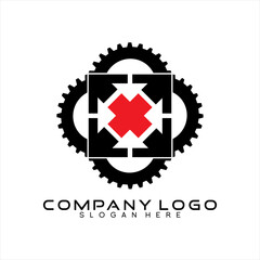Gears design logo vector, arrow and cross in center.