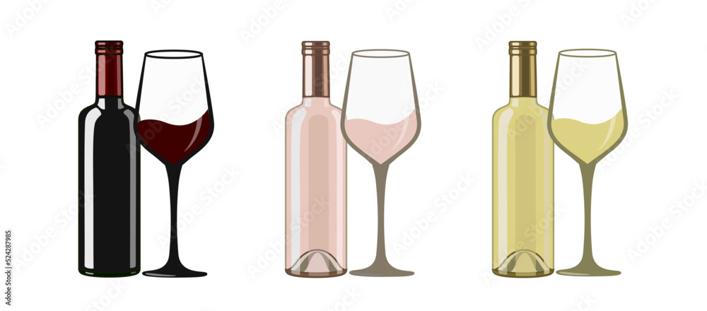 Wall mural white, red and rose wine bottles and glasses, flat style vector illustration isolated on white backg