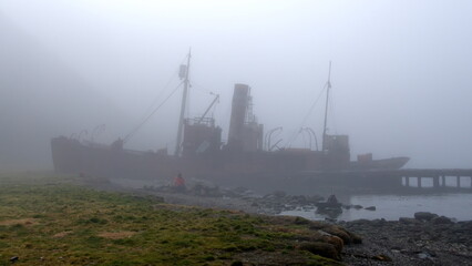 Old whaling ship in the fog, at the old whaling station in Grytviken, South Georgia Island - obrazy, fototapety, plakaty