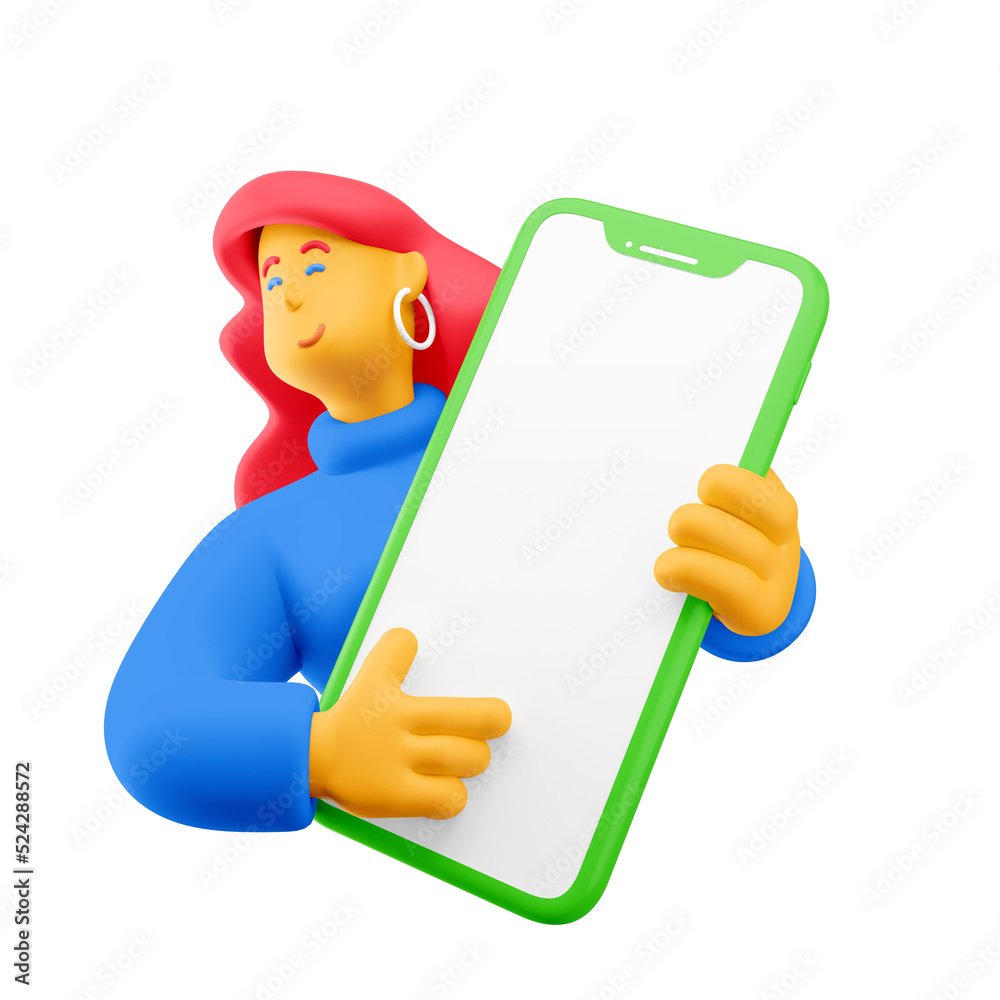 Sticker 3d illustration. Cartoon girl 3d character with big phone. Social media concept.