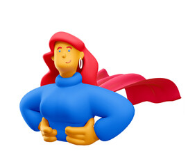 3d illustration. Cartoon girl 3d character with red cloak. Superhero girl power.