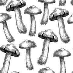 Mushroom seamless pattern. Sketched illustration. Hand-drawn food drawings. Forest plant sketches. Perfect for recipe, menu, label, icon, packaging, Vintage mushroom black outlines. - obrazy, fototapety, plakaty