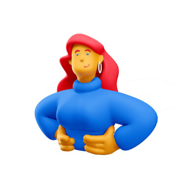 3d illustration. Cartoon girl 3d character standing with arms at side. Strong woman concept.