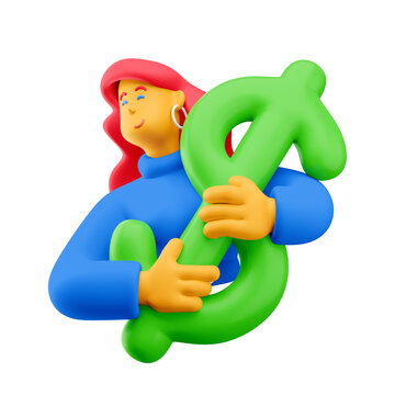 3d illustration. Cartoon girl 3d character with dollar sign. Financial concept.