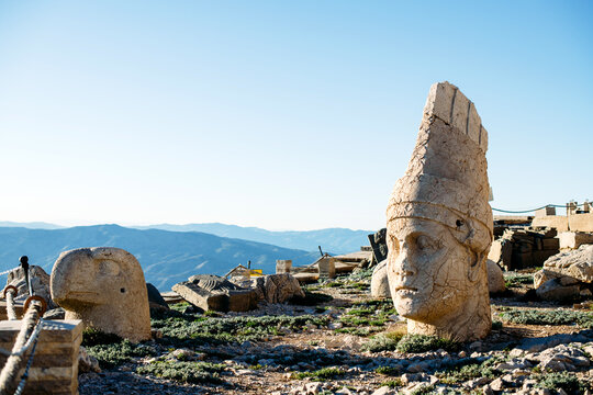 Heads of the statues on Nemrut Dag on the sunset.