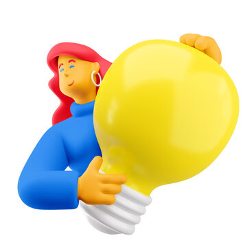 3d illustration. Cartoon girl 3d character with bulb. Creativity and innovation concept.