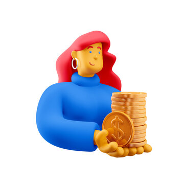 3d illustration. Cartoon girl 3d character with coins. Financial concept.