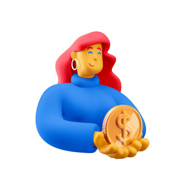 3d illustration. Cartoon girl 3d character with coins. Financial concept.