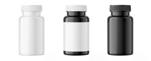 Pills bottle mockup. Set of pills jars with blank label and white with black isolated on white...