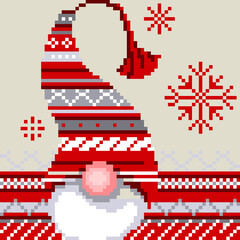 Fototapeta premium Pixel illustration. Festive background with gnome. Seamless background. eps 10