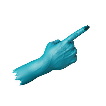 3d render, zombie hand with blue skin, direction sign or pointing finger gesture, Halloween clip art isolated on transparent background