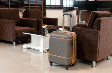 Traveller luggage in empty airport vip lounge,  Airline business