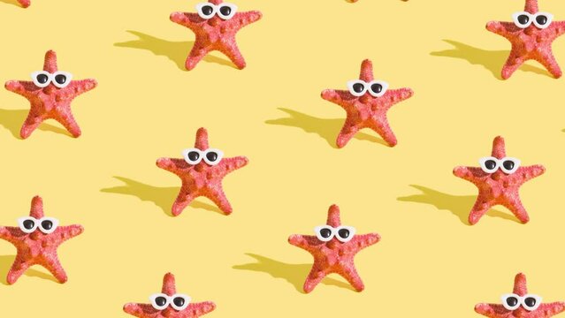Sea star with sunglasses, moving pattern. Creative video summer, relax, vocation concept 