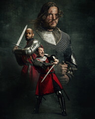 Creative poster with brutal serious medieval warriors or knights in war clothes with swords...