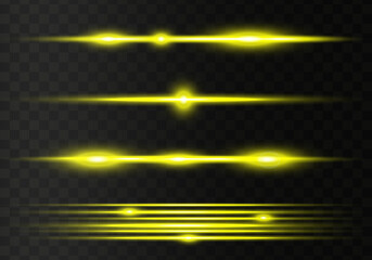 Set of yellow horizontal lens flares pack. Abstract light flares, laser beams, sparkling lined, horizontal light rays. Vector illustration.