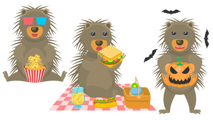 Set Abstract Collection Flat Cartoon Different Animal Porcupine Watching A Movie With Popcorn, With A Pumpkin And Bats Around, Eating A Sandwich On A Picnic Vector Style Elements Fauna Wildlife