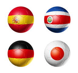 Qatar football 2022 group E flags on soccer balls. 3D illustration isolated on white background