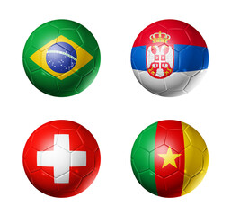 Qatar football 2022 group G flags on soccer balls. 3D illustration isolated on white background