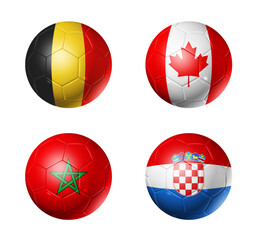 Qatar football 2022 group F flags on soccer balls. 3D illustration isolated on white background